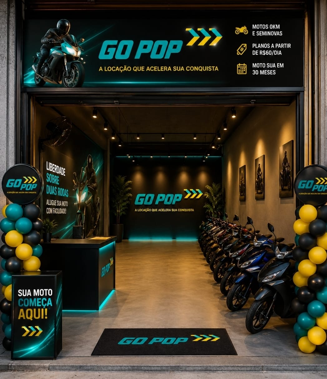 Loja física da GO POP com motos alinhadas e balões nas cores da marca
