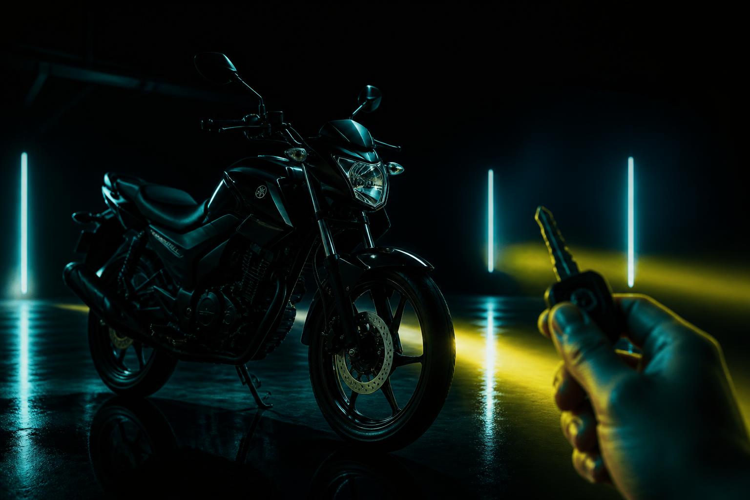 Yamaha Factor 0km preta iluminada por luzes ciano e amarelas com chave na mão