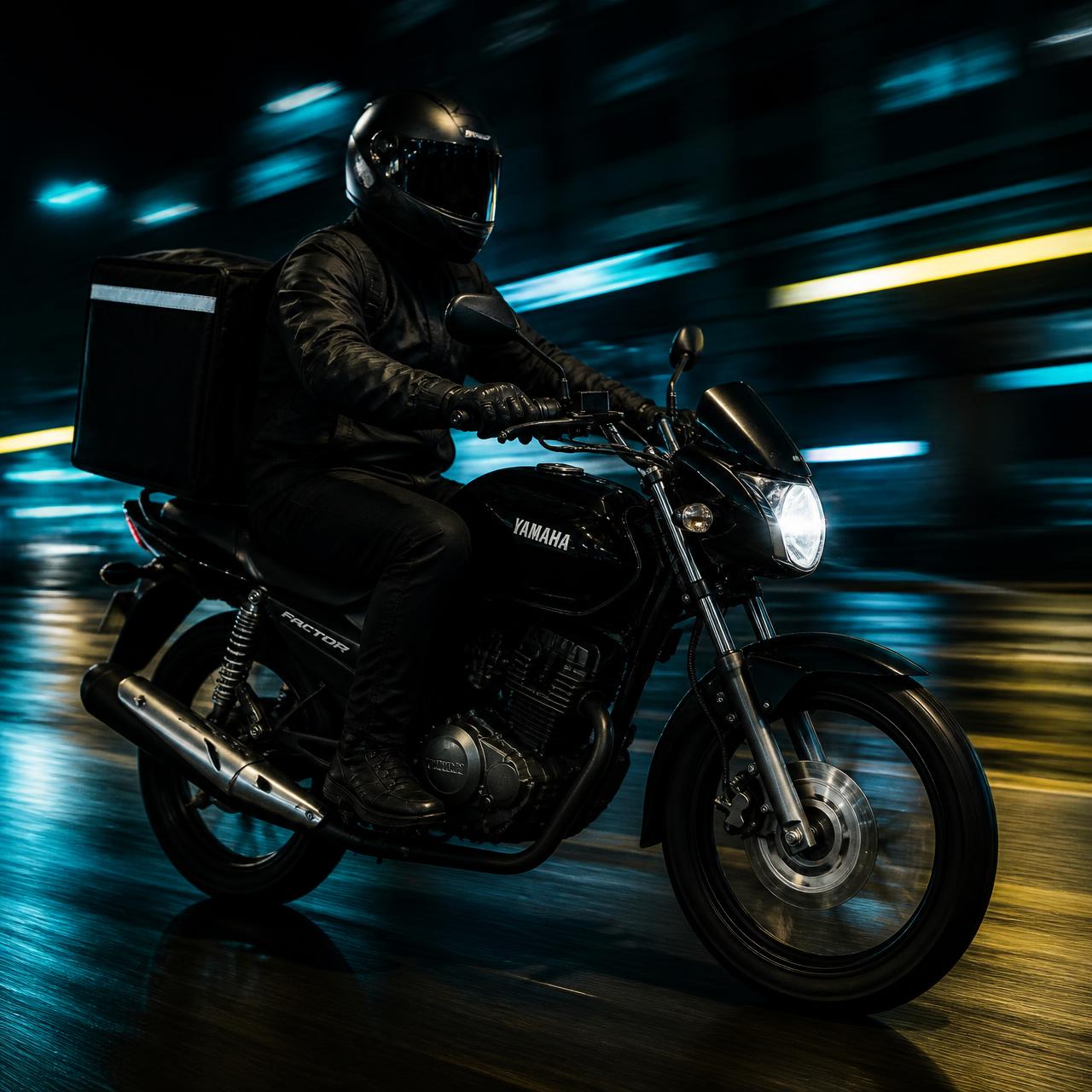 Motoboy entregador pilotando moto preta da GO POP à noite